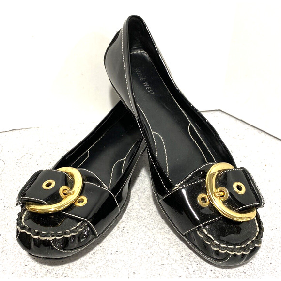 Nine West Lavetta 8.5M black patent driving loafers slip on shoes gold buckles - Picture 1 of 10